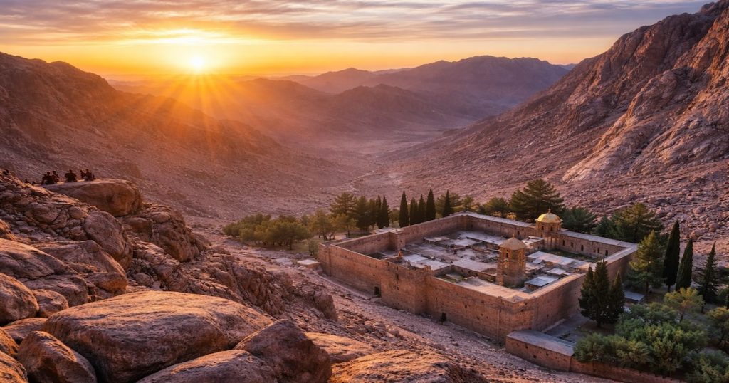 Alba sul Monte Sinai con il Monastero di Santa Caterina visto dall’alto durante escursione da Sharm El Sheikh