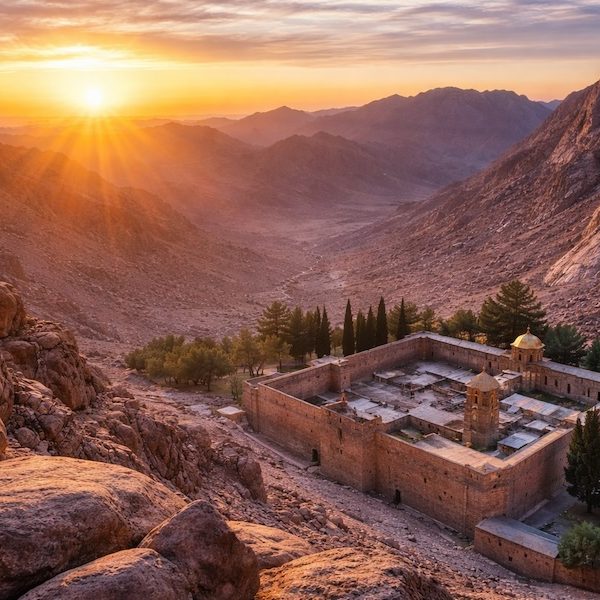 Alba sul Monte Sinai con il Monastero di Santa Caterina visto dall’alto durante escursione da Sharm El Sheikh