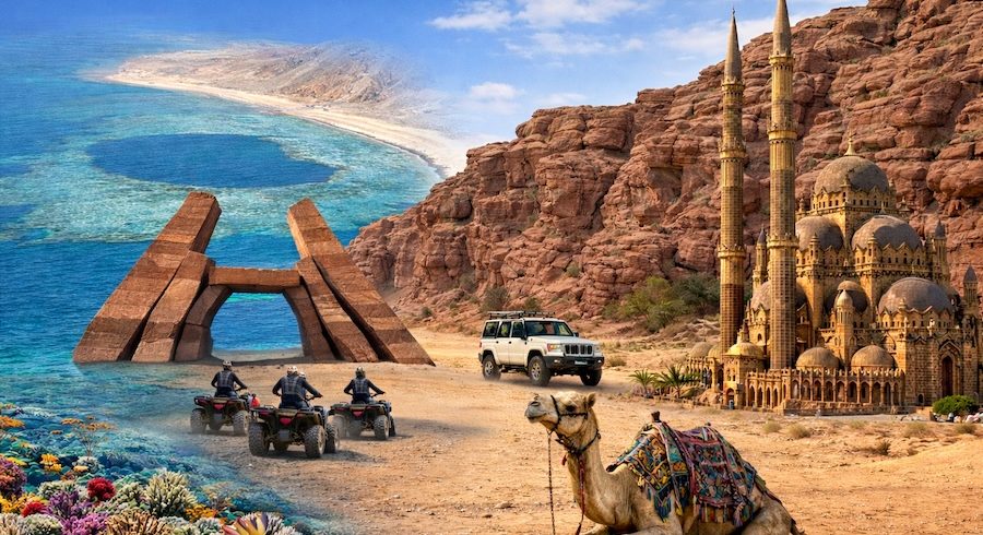 Pacchetto 4: Sharm Vecchia, Ras Mohamed via terra, Canyon Colorato e Blue Hole, con motorata e cammellata nel deserto.
