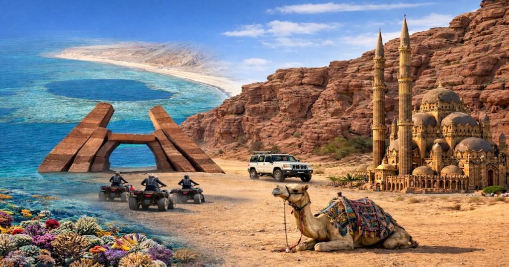 Pacchetto 4: Sharm Vecchia, Ras Mohamed via terra, Canyon Colorato e Blue Hole, con motorata e cammellata nel deserto.