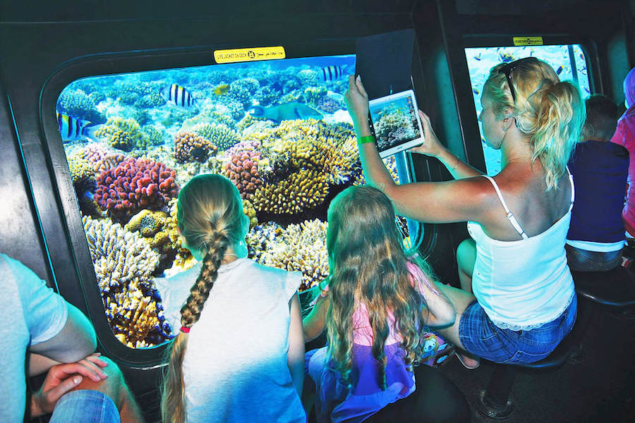 Royal Submarine Sharm El Sheikh – vista dei coralli e dei pesci tropicali attraverso le finestre panoramiche.