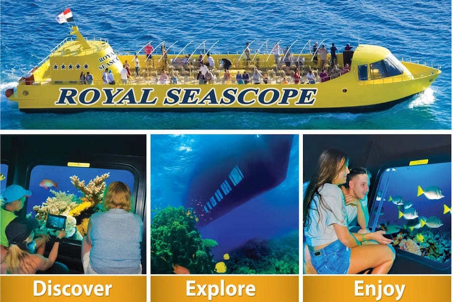 Royal Submarine Sharm El Sheikh – vista dei coralli e dei pesci tropicali attraverso le finestre panoramiche.