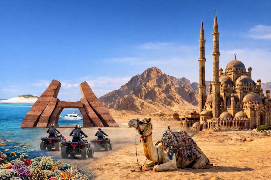 Pacchetto 2: Sharm Vecchia, Ras Mohamed via terra, Isola Bianca in barca e motorata con cammellata nel deserto.